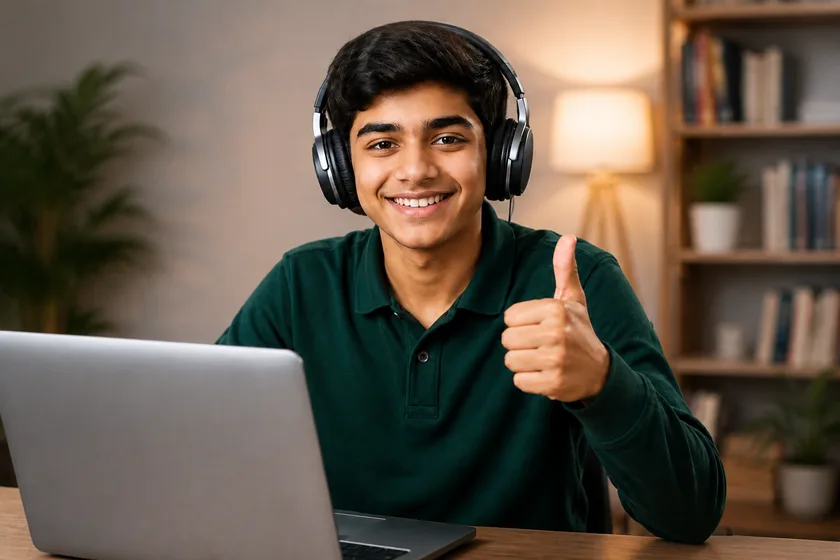Student giving a thumbs up during online tutoring