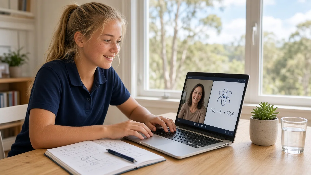 Online science tutoring Australia - Australian student learning Physics, Chemistry and Biology with a science tutor in a live 1-on-1 lesson