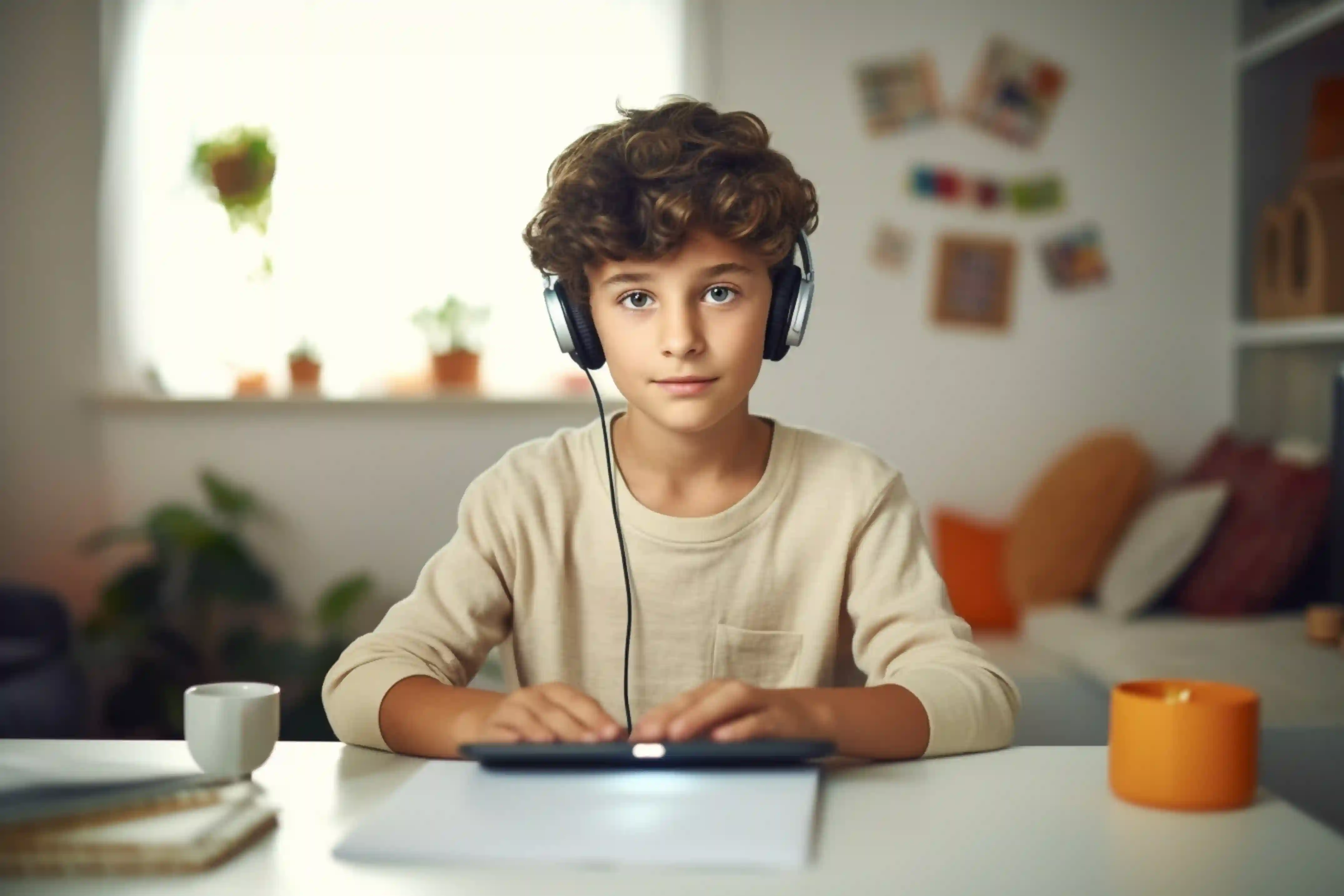 An intermediate school student studying during an online social sciences tutoring session