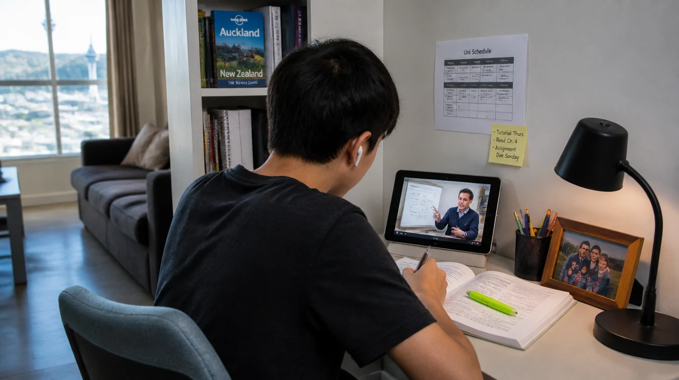 An NCEA Level 2 student studying during an online German tutoring session