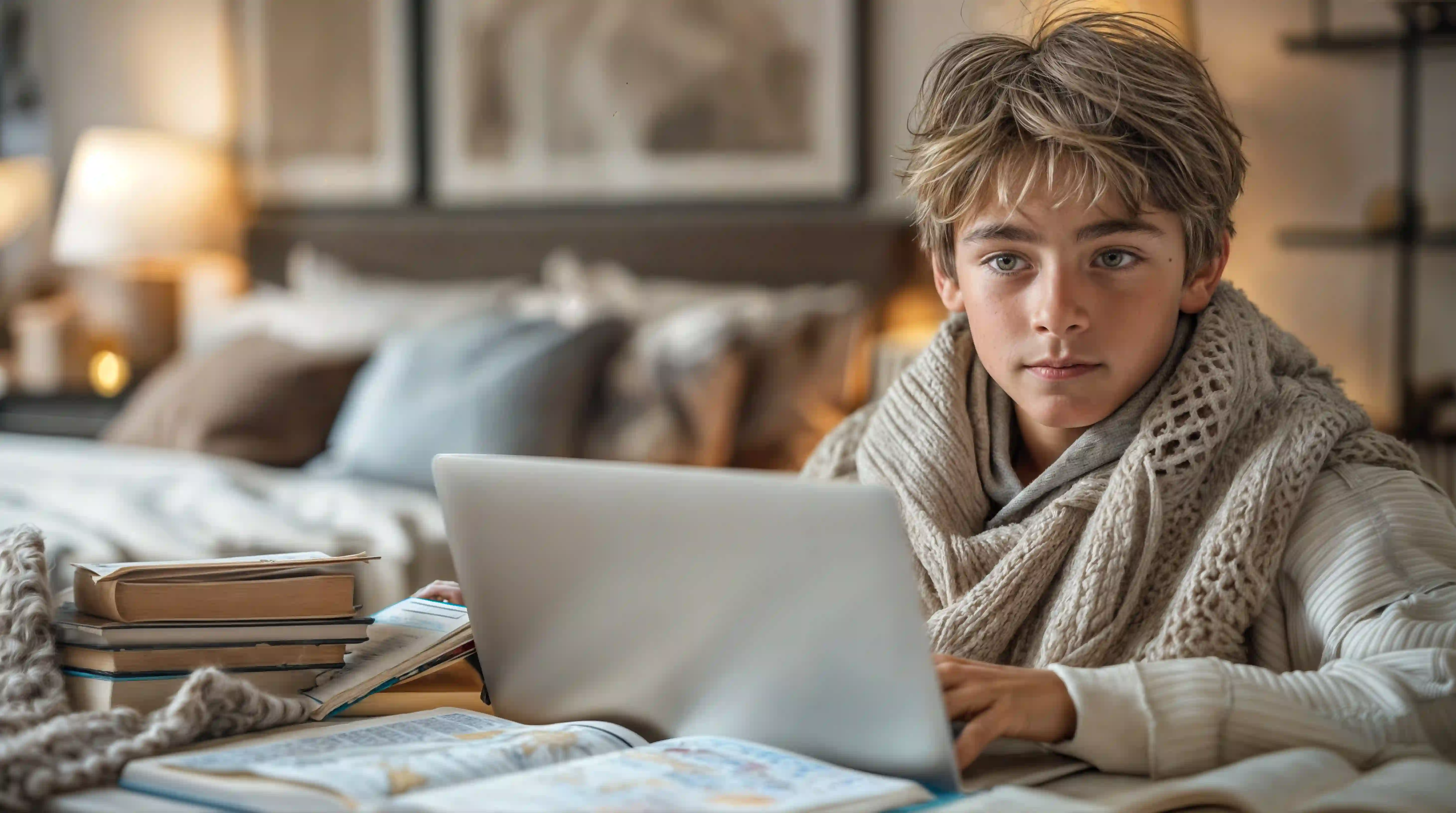 An NCEA Level 2 student studying during an online physics tutoring session