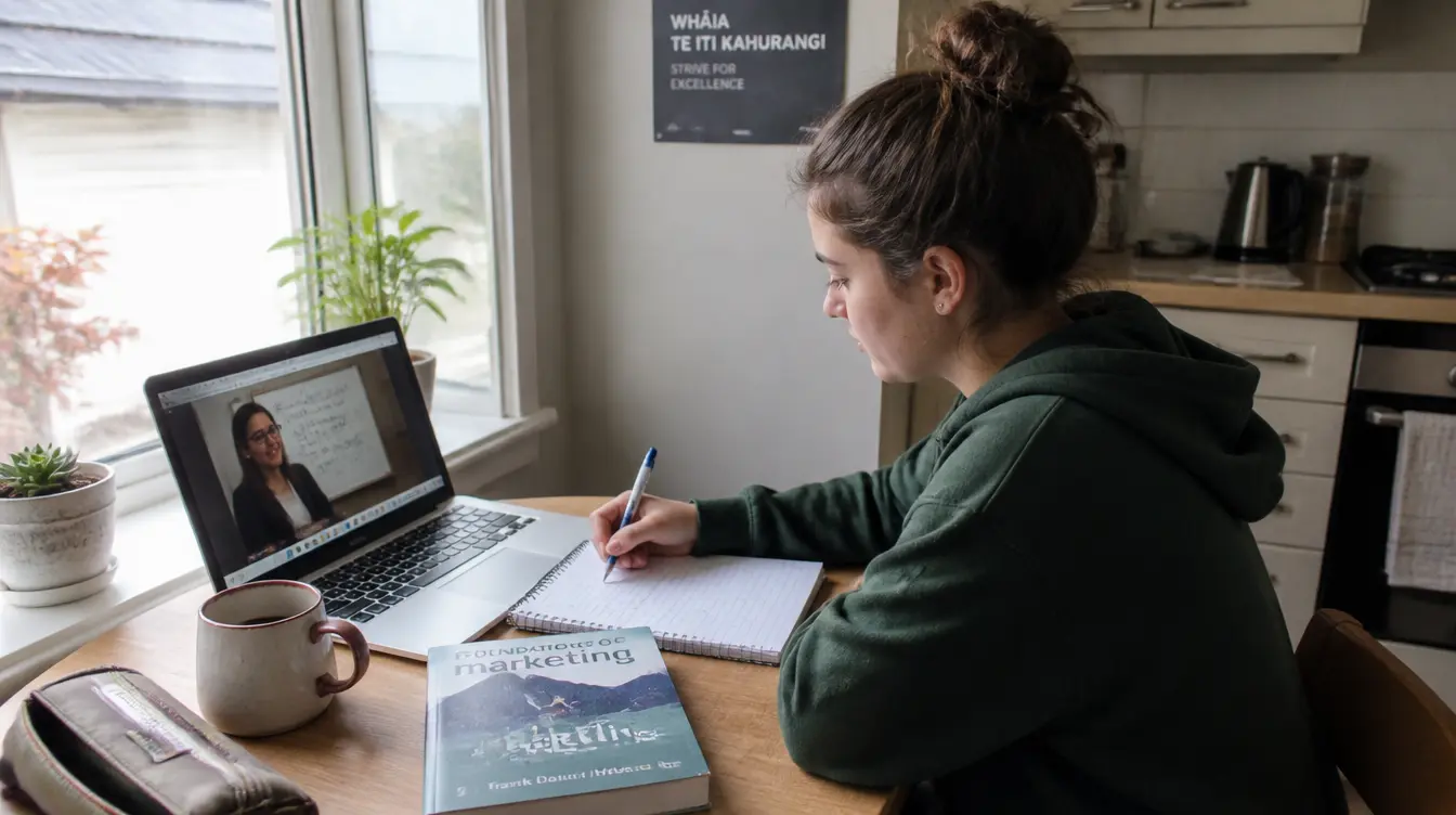 An NCEA Level 3 student studying during an online business management tutoring session