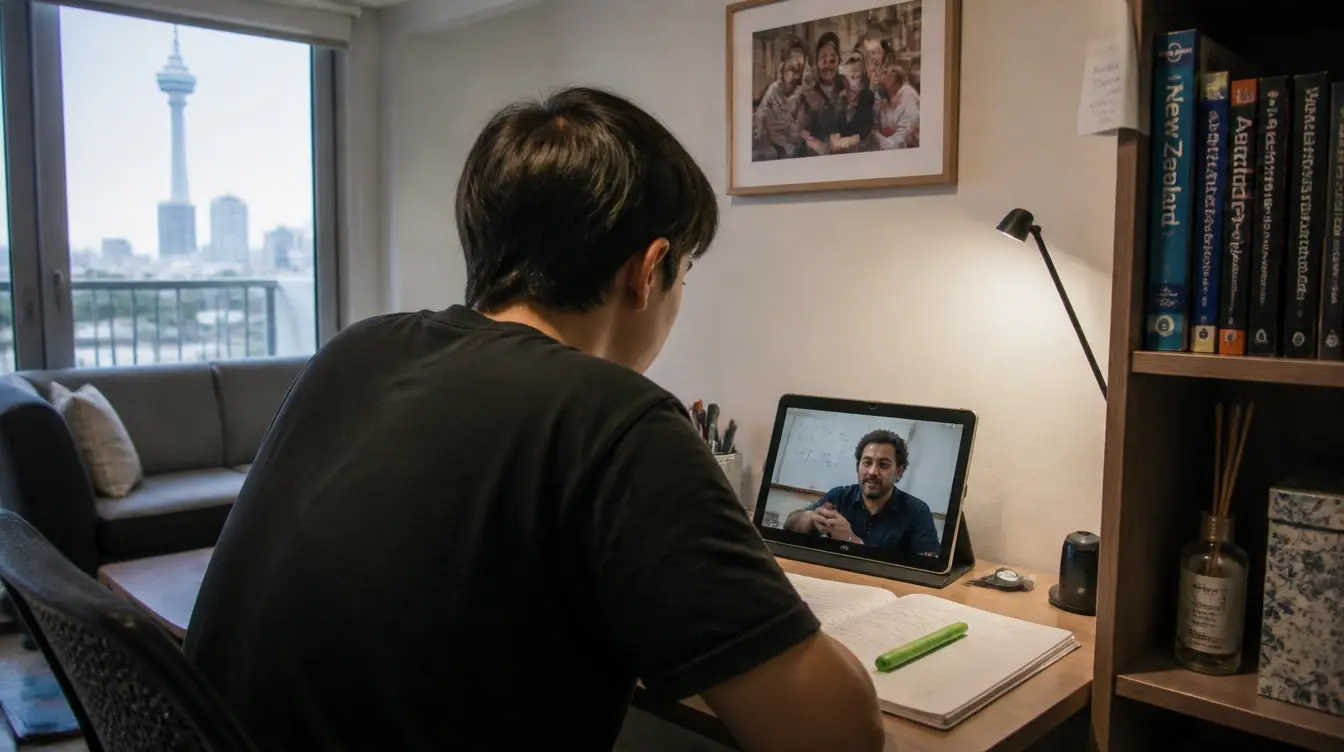 An NCEA Level 3 student studying during an online calculus tutoring session