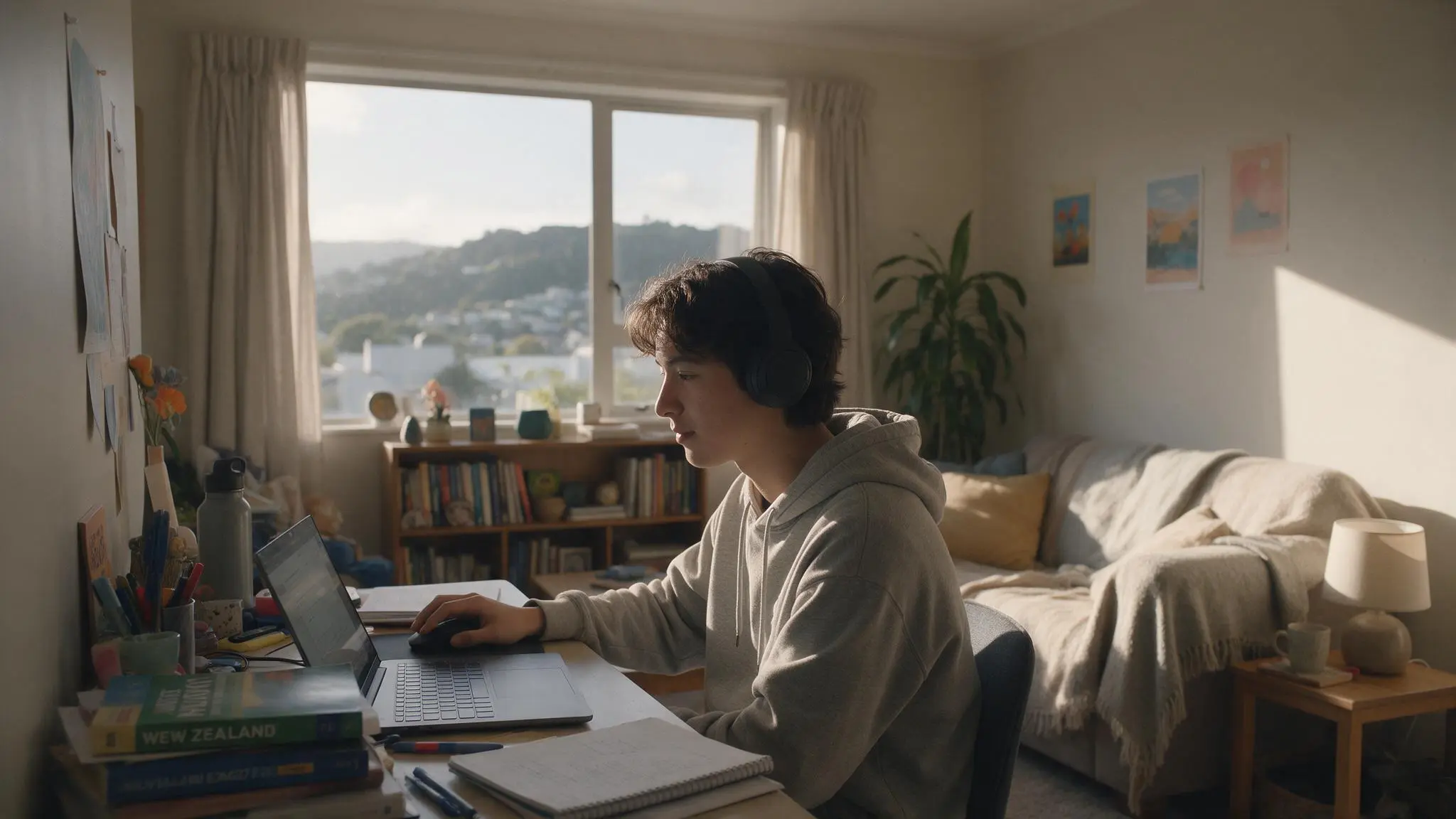 An NCEA Level 3 student studying during an online earth and space science tutoring session