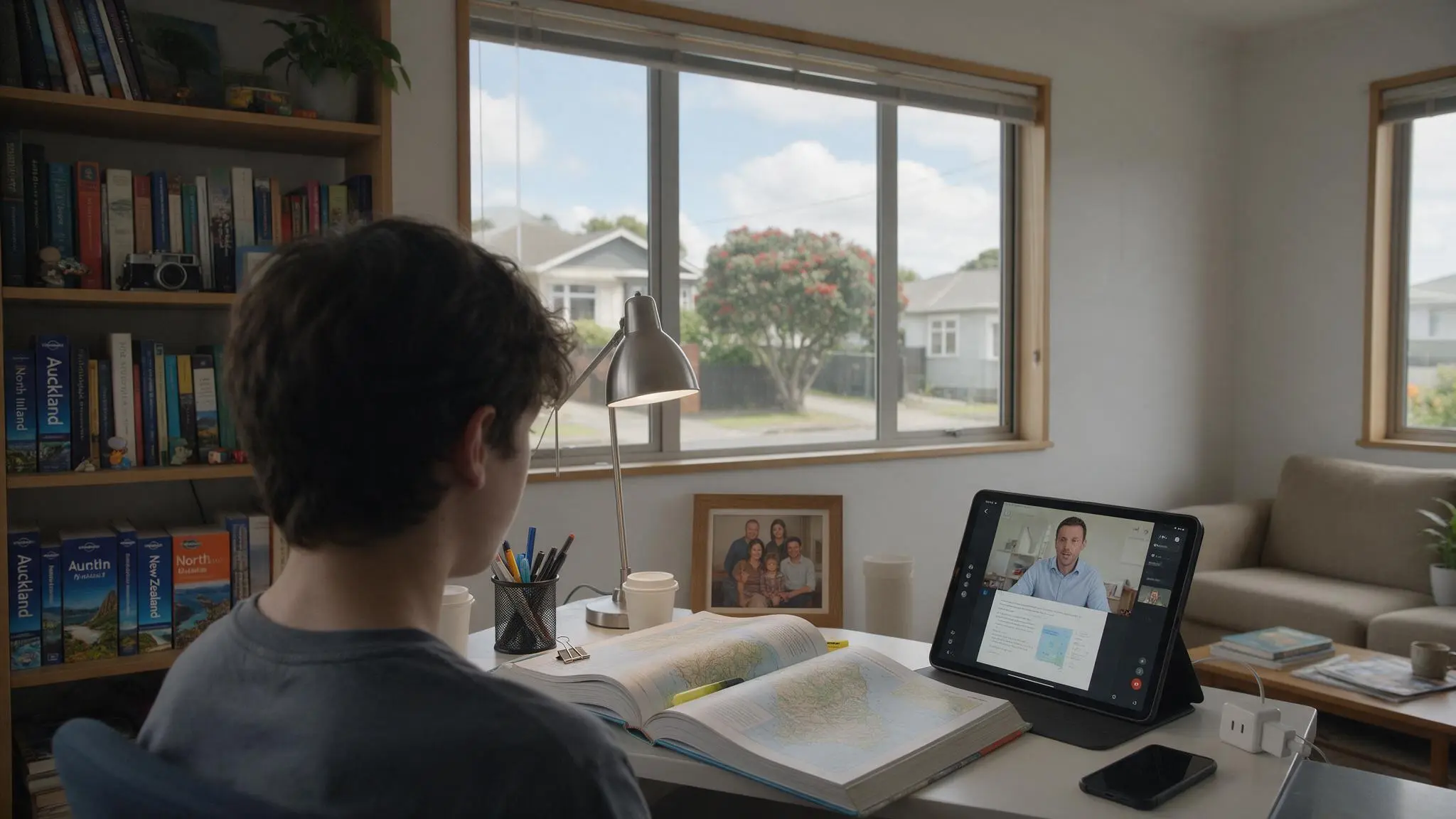An NCEA Level 3 student studying during an online geography tutoring session