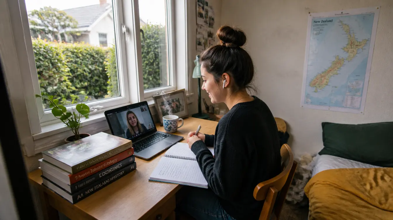 An NCEA Level 3 student studying during an online history tutoring session