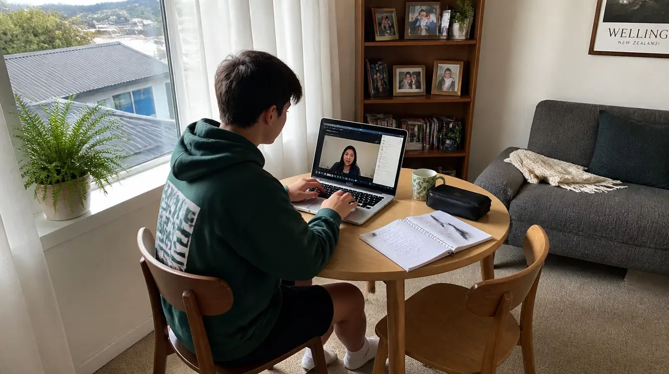 An NCEA Level 3 student studying during an online Japanese tutoring session