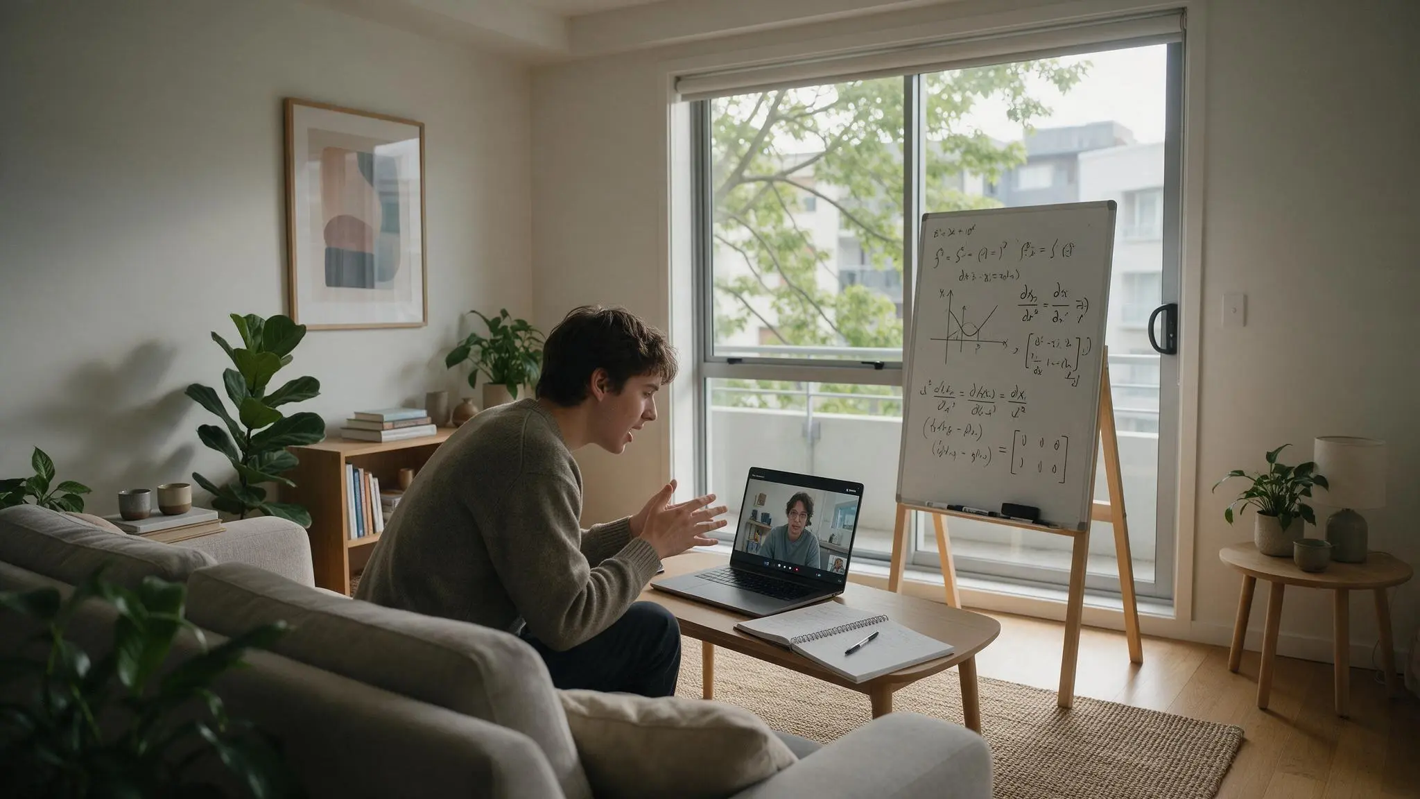 An NCEA Level 3 student studying during an online mathematics and statistics tutoring session