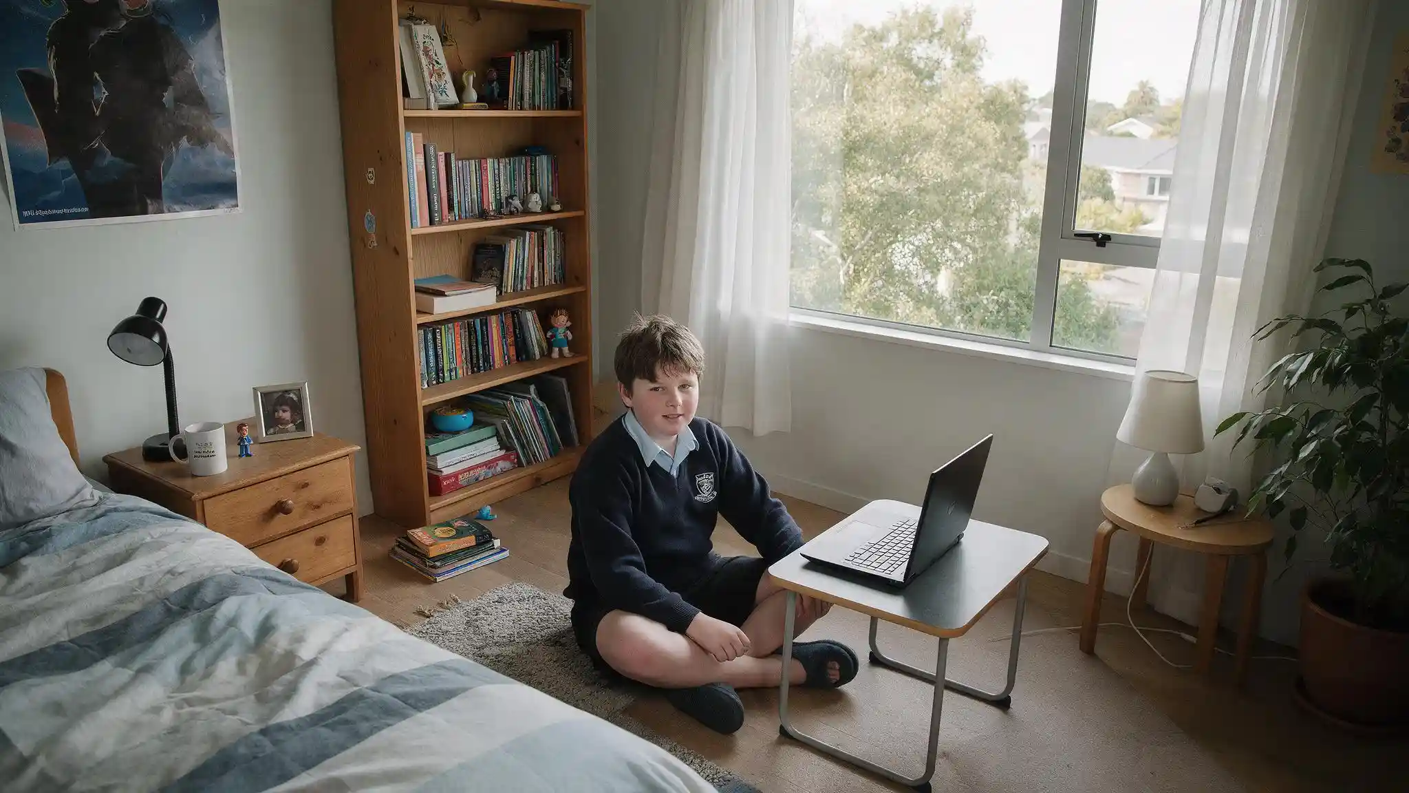 An NCEA Level 3 student studying during an online Spanish tutoring session