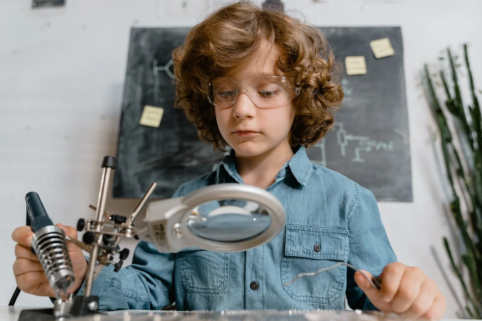 Expert robotics tutor - young learner inspecting mechanical parts up close