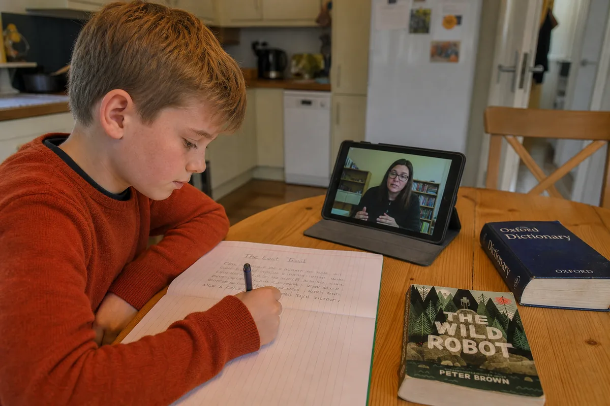 Second Level Primary pupil writing in a live 1-to-1 online lesson