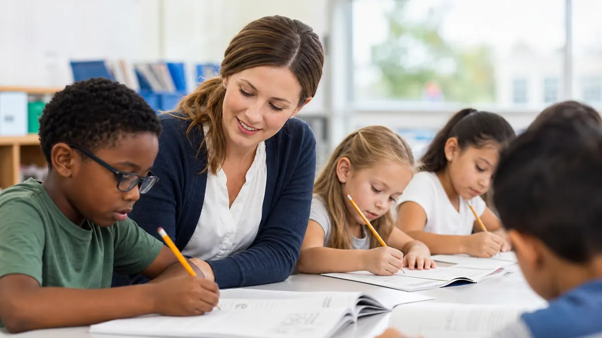 US elementary students studying with a teacher at Jaya's Academy