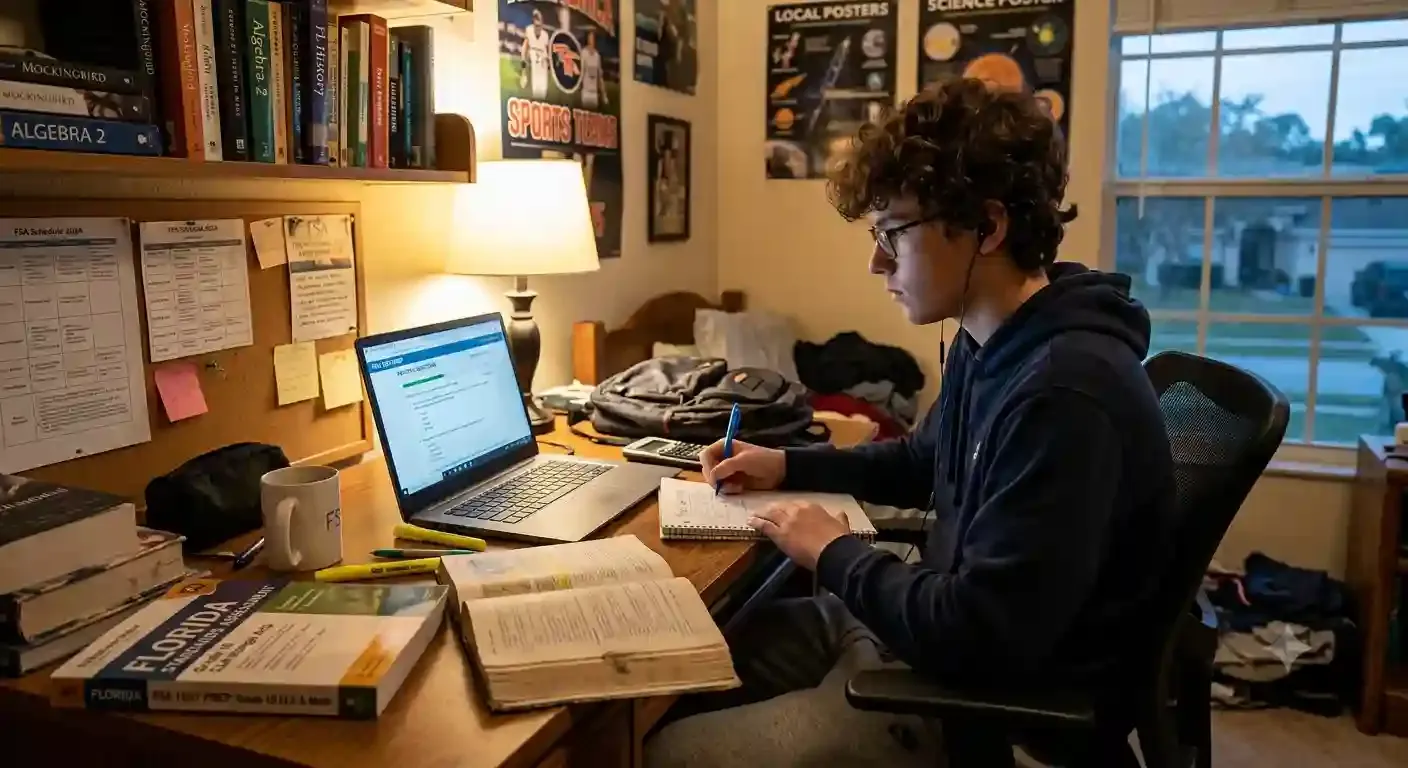 Student attending online FSA test prep tutoring from home in the United States