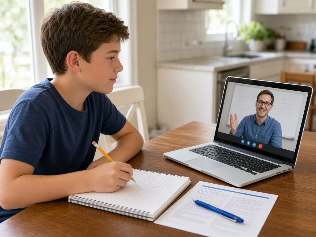 Student attending live online ISEE and SSAT tutoring on a laptop