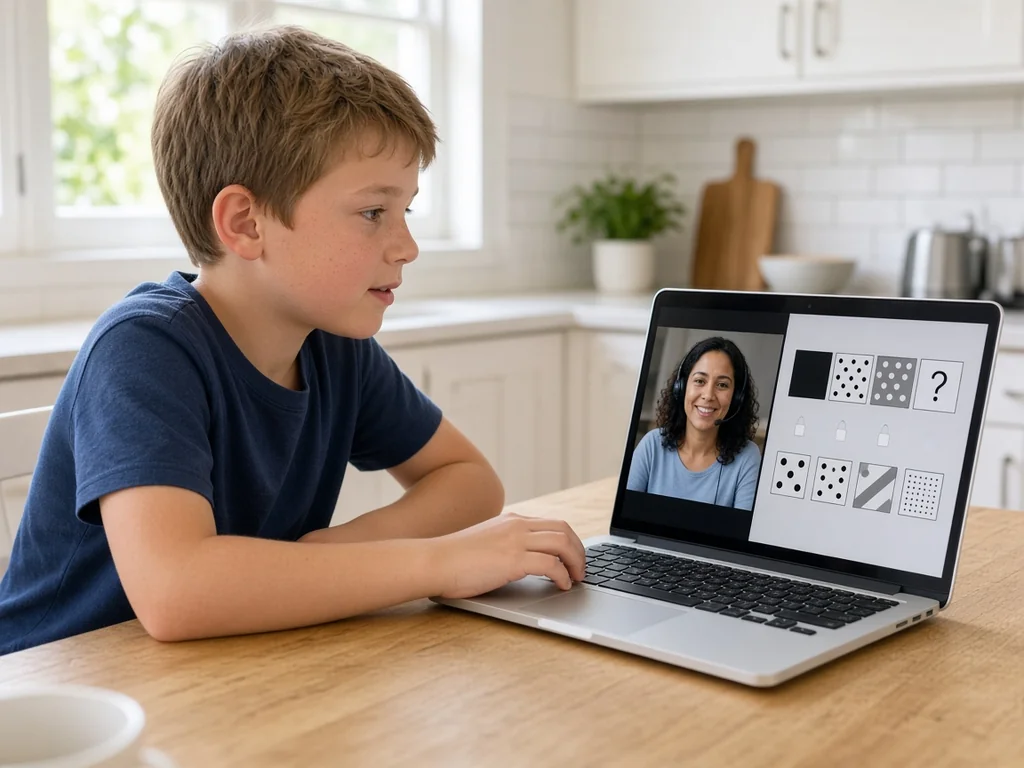 Child attending live online NNAT tutoring on a laptop