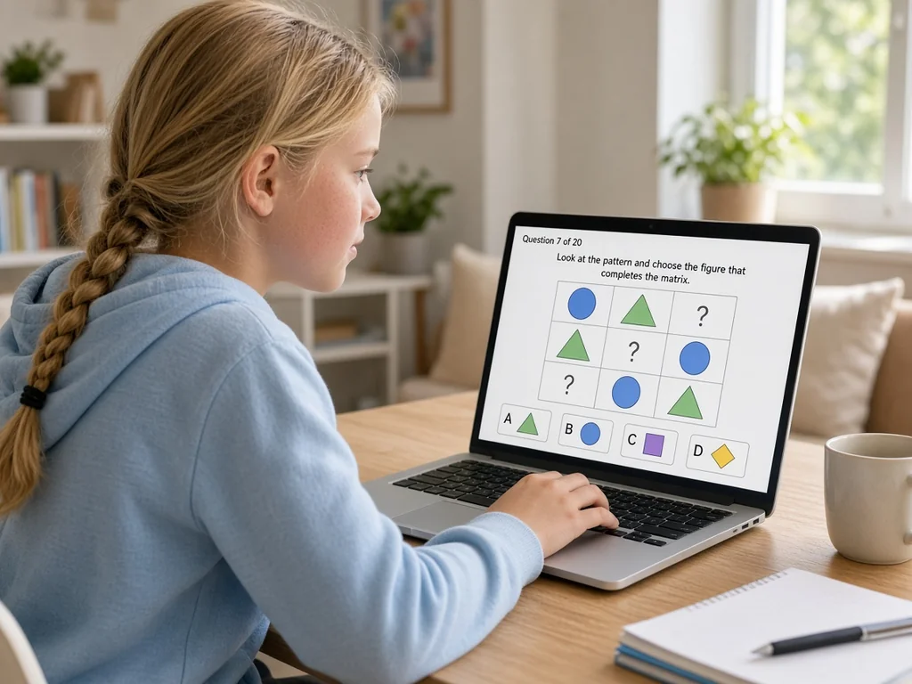 Child practicing NNAT pattern puzzles on a laptop screen