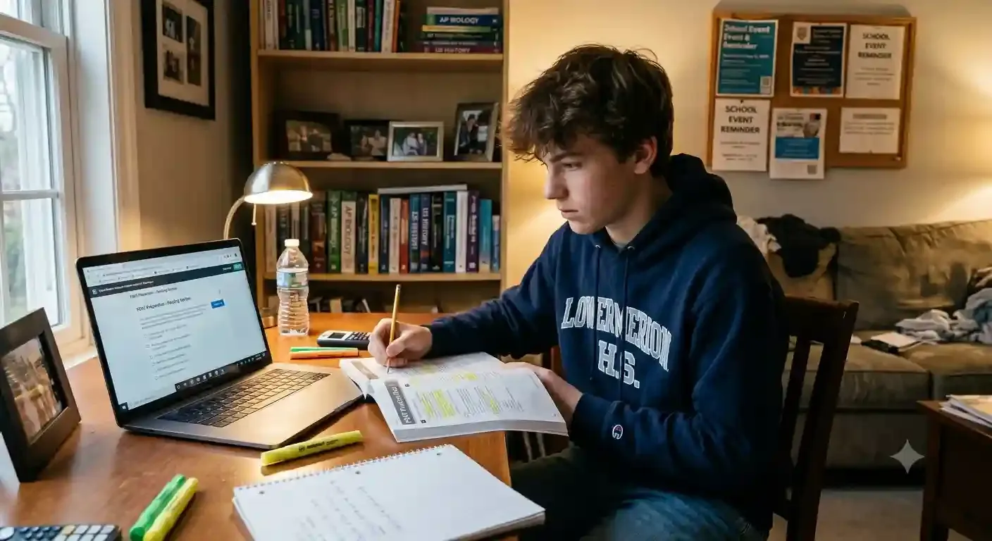 Student attending online PSAT tutoring from home in the United States