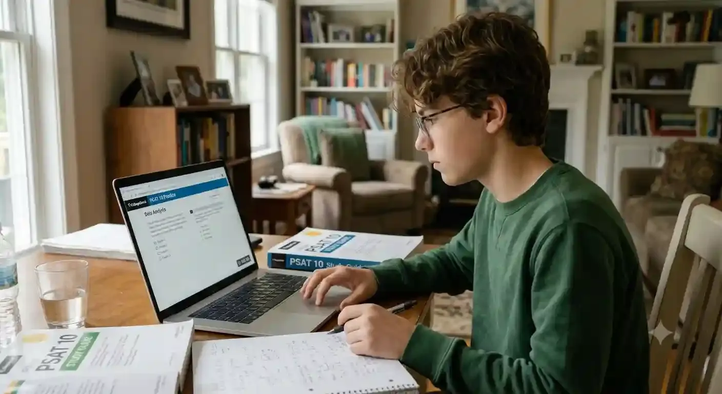 Online PSAT 10 prep tutor guiding a student through test strategies