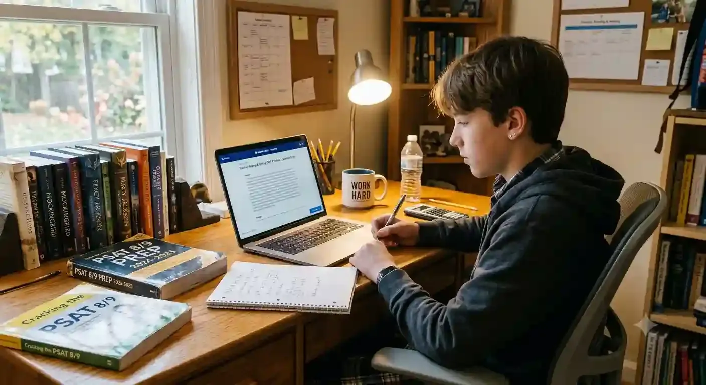 Student attending online PSAT 9 tutoring from home in the United States
