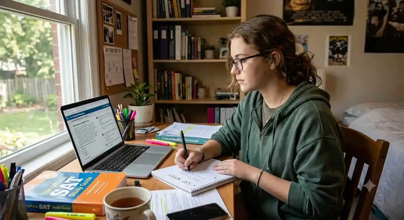 Student attending online SAT Reading and Writing tutoring from home in the United States